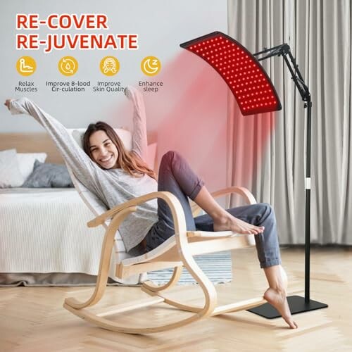 Woman using red light therapy lamp at home for relaxation and rejuvenation.