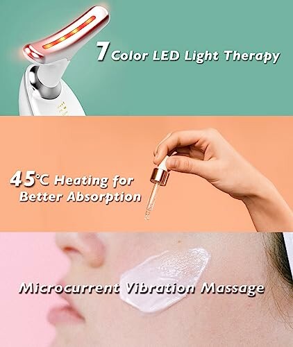 Skincare device with LED light, heating, and microcurrent massage.